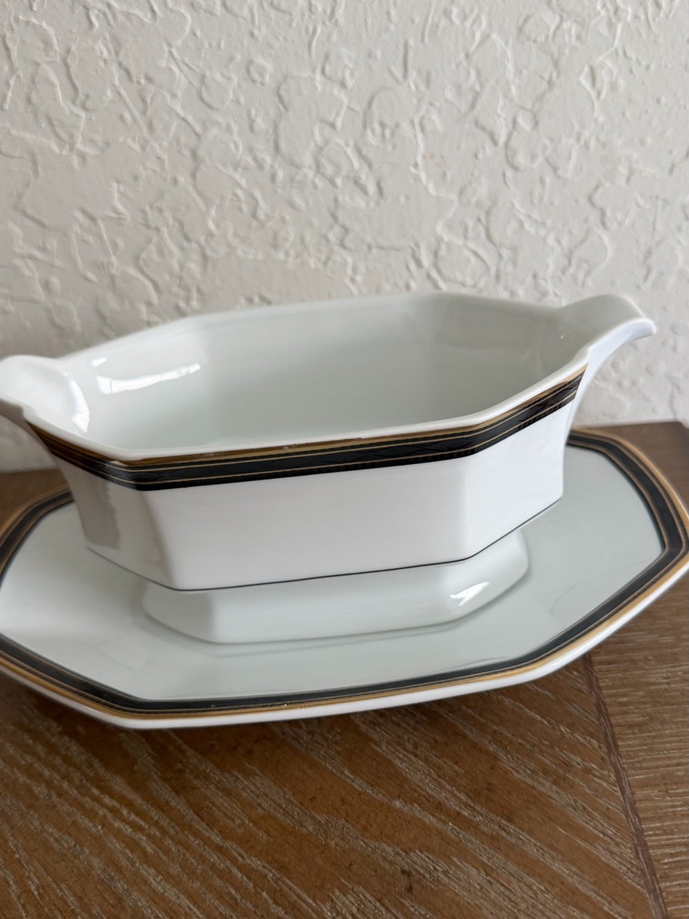 White Porcelain Gravy Boat with Black and Gold Banding